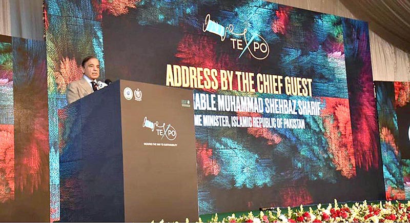 Prime Minister Muhammad Shehbaz Sharif addressing the inaugural ceremony of Textile Expo (TEXPO) 2023 held in Expo-Centre