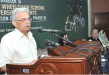 Federal Minister for Education & professional Training Rana Tanveer Hussain addressing to the Prime Ministers Electric wheelchair Scheme for University Students: Distribution Ceremony - Phase 111 organized by higher education Commission at HEC