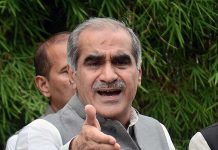 Federal Minister for Railways and Aviation Khawaja Saad Rafique talking to media persons during visit at the Jinnah House