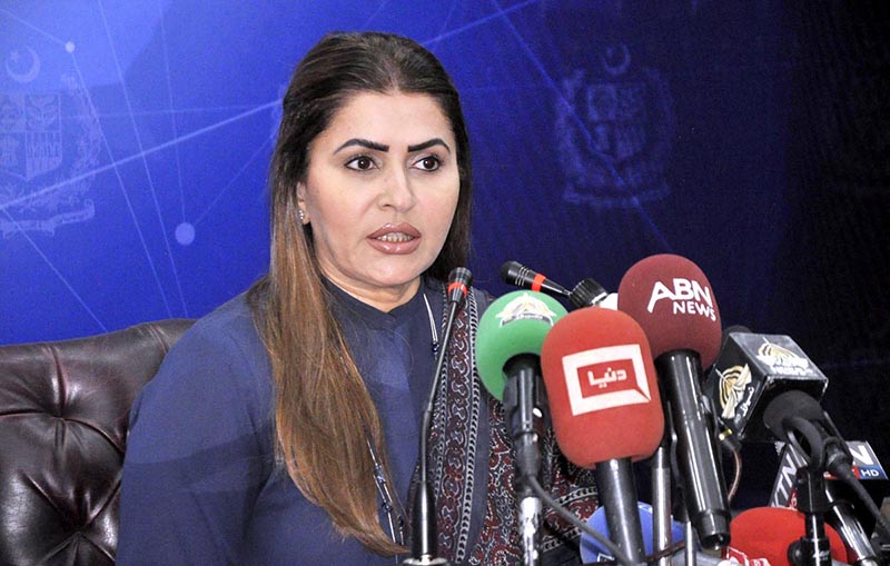 Minister for Poverty Alleviation and Social Safety, Ms. Shazia Marri addressing a press conference at PID Media Center