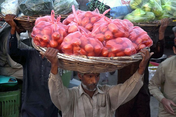 Labourer carrying basket of vegetables on his head to earn livelihood at Vegetable Market