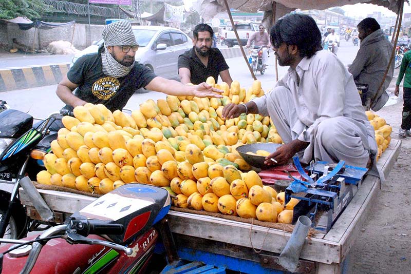 Customers are buying mangos from a roadside vendor