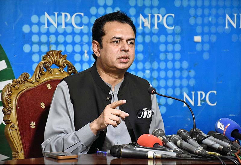 Former State Minister and Central Leader of (PML-N) Muhammad Talal Chaudhry addressing a press conference at National Press Club