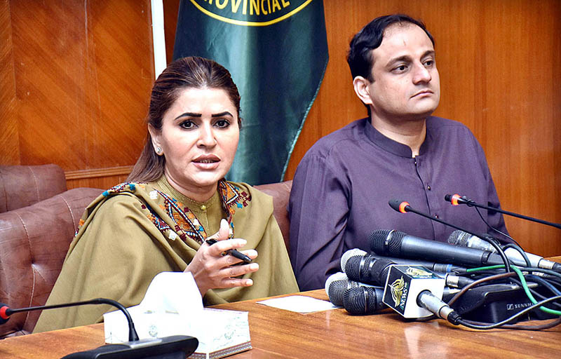 Federal Minister for Poverty Alleviation & Social Safety and Chairperson Benazir Income Support Program, Shazia Marri addressing the Press Conference