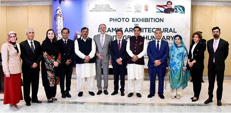 Speaker National Assembly Raja Pervez Ashraf in a group photo with participants of opening ceremony of the photo exhibition on Islamic Architectural Heritage of Hungary at Parliament House
