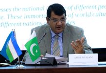 Adviser to Prime Minister for Political, Public Affairs, National Heritage and Culture Engr. Amir Muqam addressing the III Bakhshi International Festival, being convened in beautiful city of Gulistan