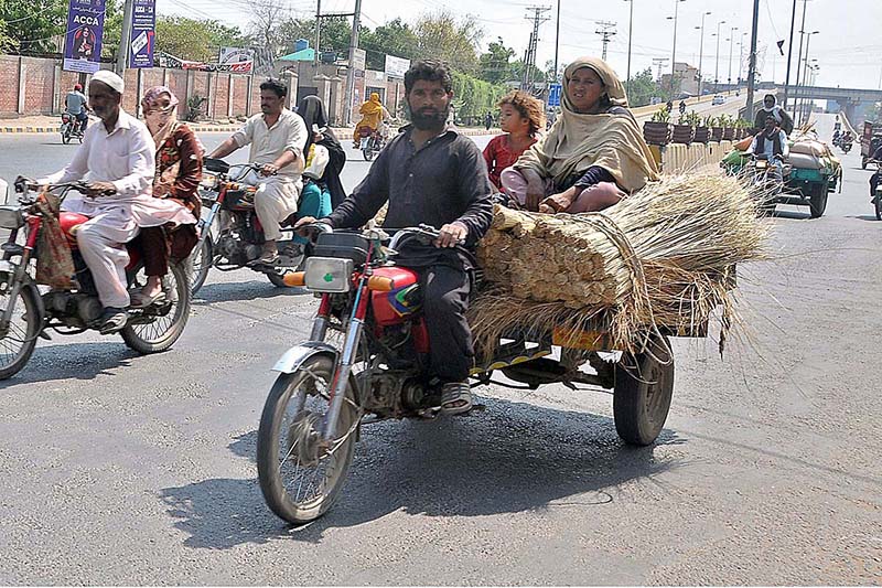 Family traveling on the tricycle rickshaw loaded with brooms