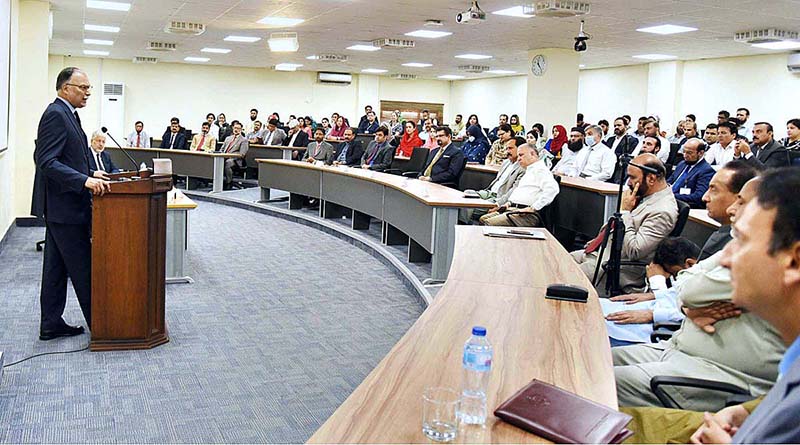 Federal Minister for Planning and Development Ahsan Iqbal speaking at the inauguration ceremony of the Research and Strategic Block of the National University of Modern Languages