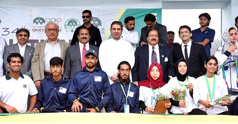 Federal Minister for Inter-Provincial Coordination (IPC) Ehsan ur Rehman Mazari at the closing ceremony of 34th National Games Tennis Event, 2023 at SDA Tennis Complex, He distributed prizes among the winners