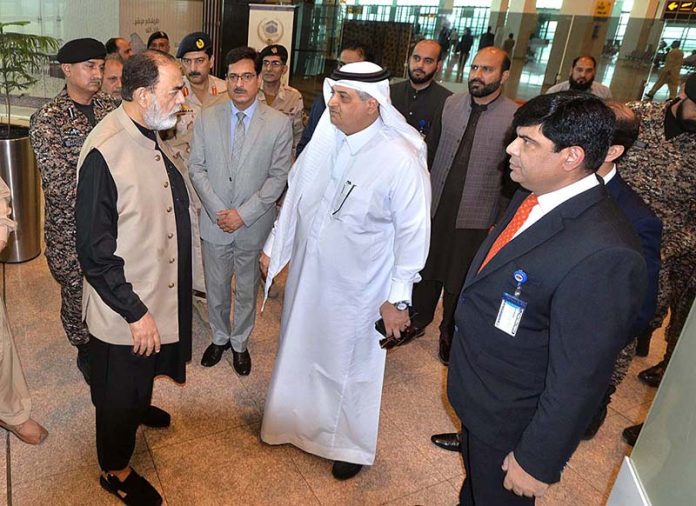 Senator Federal Minister for Religious Affairs Muhammad Talha Mahmood and Saudi Arabia's ambassador to Pakistan H.E. Nawaf bin Said Al-Malki visiting Hajj Immigration Centre at Islamabad international Airport