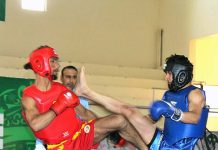 Players in action in men’s Wushu Fight between Pakistan Army and Balochistan Team at 34th National Games in Quetta