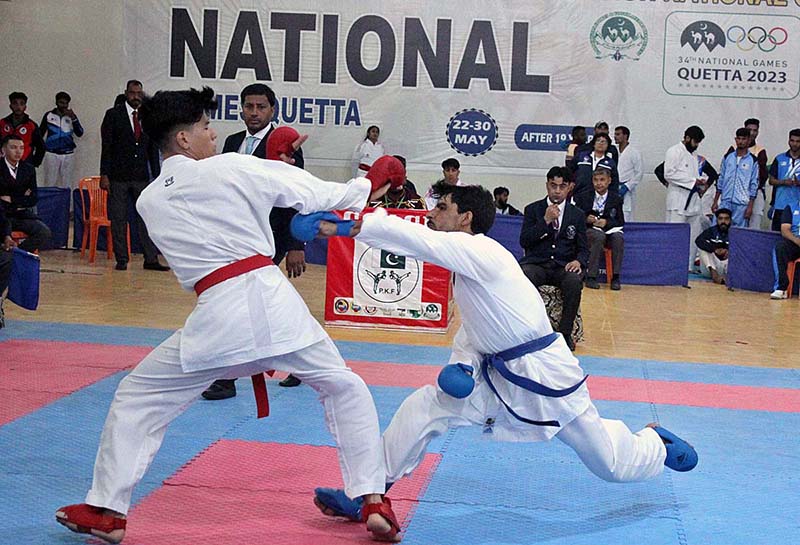 Players in action in men’s Wushu Fight between Pakistan Army and Balochistan Team at 34th National Games in Quetta