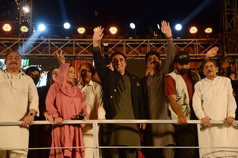 Foreign Minister and Pakistan People's Party (PPP) Chairman Bilawal Bhutto-Zardari waves to supporters at the 'Ham Sab ka Pakistan' rally organized by PPP Karachi Division over victory celebrations in local body’s election at Tower