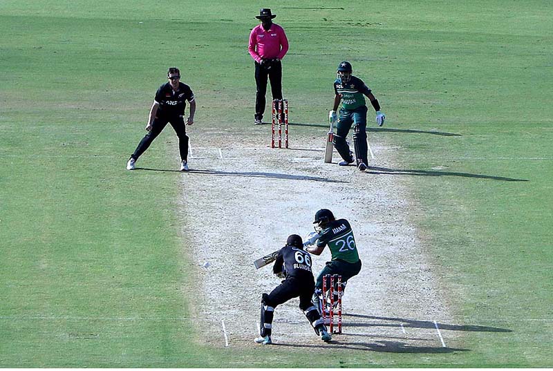 Pakistani player Imam-ul-Haq plays a shot during the third One-Day International (ODI) cricket match between Pakistan and New Zealand at the National Stadium