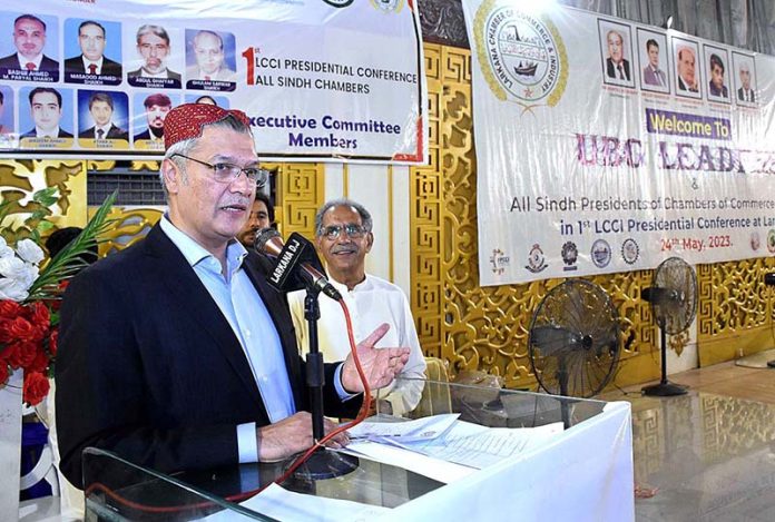 Punjab Minister for Industries, Commerce and Patron-in-Chief of the Federation of Pakistan Chambers of Commerce and Industry’s United Business Group SM Tanveer addressing during 1st LCCL Presidential Conference of All Sindh Chamber of Commerce and Industry at Local Hotel