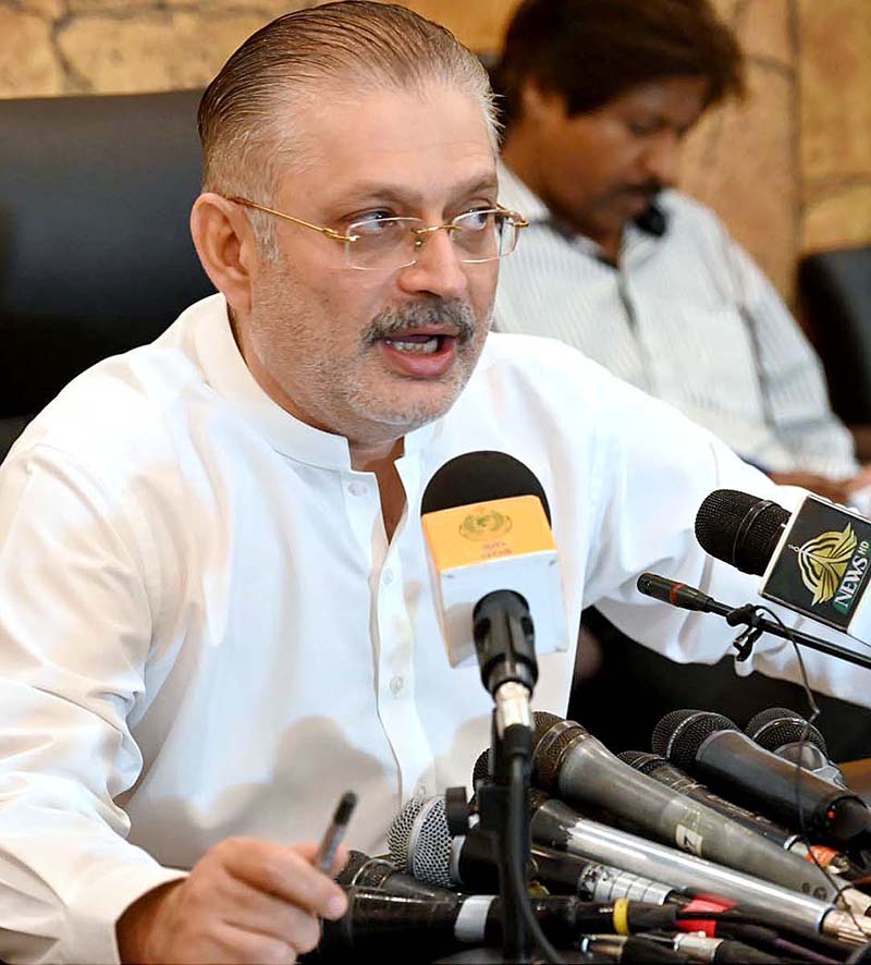 Sindh Minister for Information Transport and Mass Transit, Sharjeel Inam Memon addressing a Press conference at Sindh Archives Complex