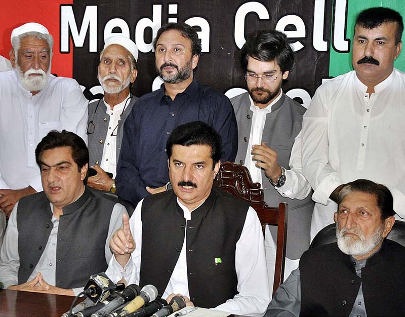 Minister of State for Poverty Alleviation & Social Safety Faisal Karim Kundi, addressing a Press conference at the joining declaration of Ex- MNA Usman Khan Tarakai in PPP at PPP House