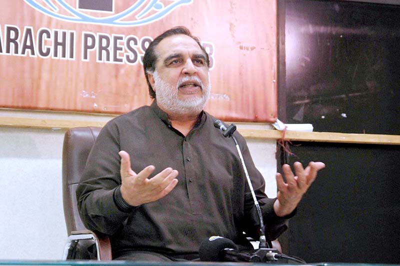 Former Governor Sindh, Imran Ismail announce to quit Pakistan Tehreek e Insaf (PTI) during a press conference at Karachi Press Club