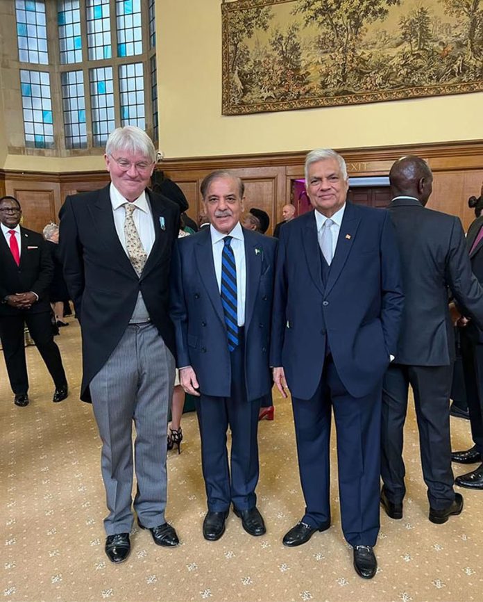 Prime Minister Muhammad Shehbaz Sharif meets President of Sri Lanka H.E Ranil Wikremesinghe and Minister of State UK, Rt Hon Andrew Mitchell on the sidelines of Coronation of King Charles lll