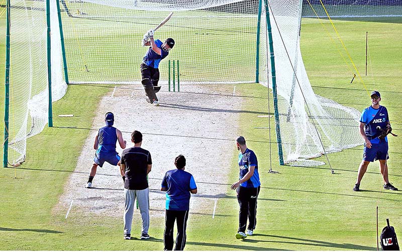 New Zealand’s player plays a shot during a practice session ahead of their 3rd One Day International (ODI) cricket match against Pakistan at National Cricket Stadium