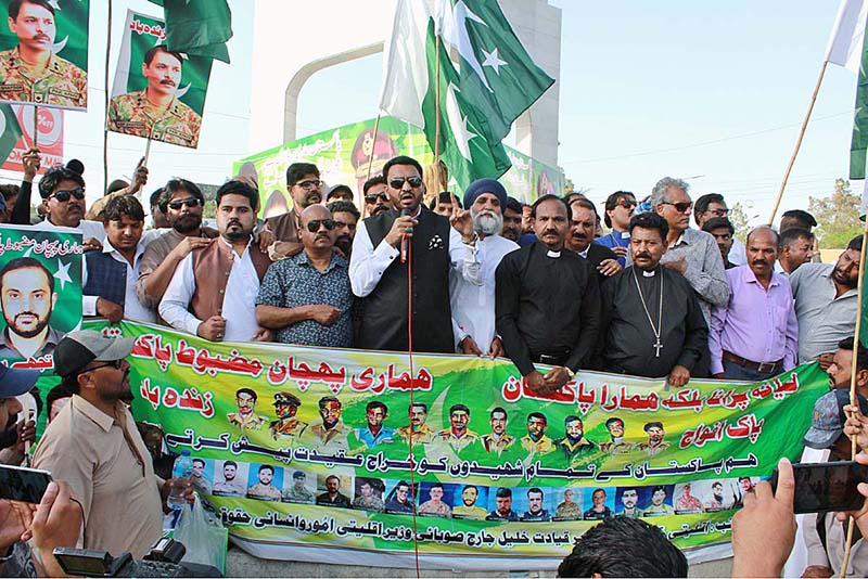 Parliamentary Secretary for Minority Affairs Khalil George leads rally to show solidarity with Pakistan Army at Serena Chowk