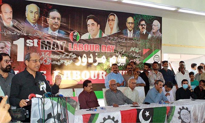 Sindh Labour Minister Saeed Ghani addresses International Labour Day event organized by People's Labour Bureau at Arts Council