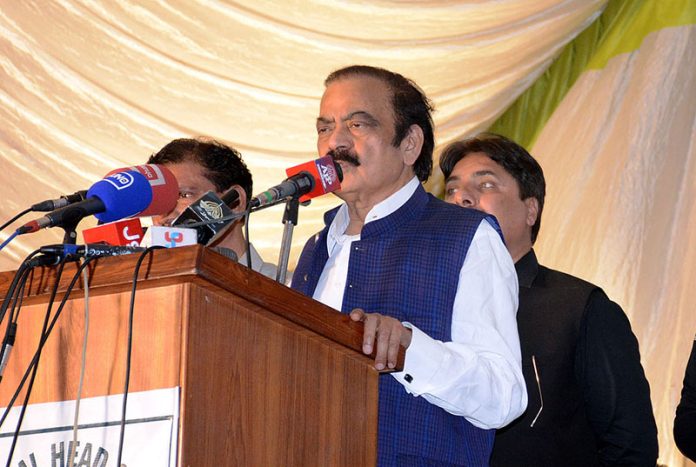 Federal Minister for Interior Rana Sana Ullah Khan addressing during the inaugural ceremony of NADRA Office at 2 Chak Ram Devali Sargodha Road