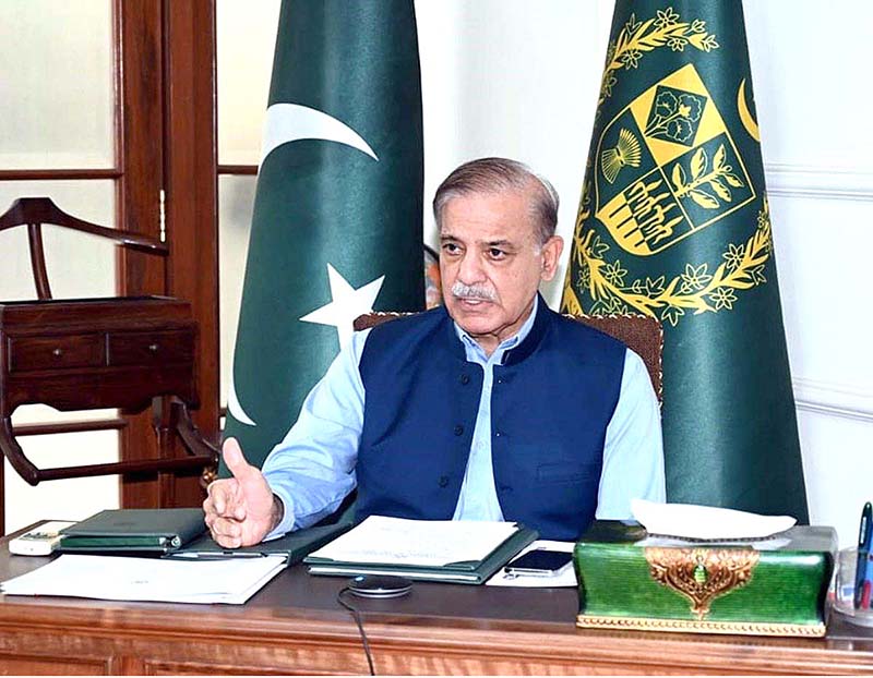 Prime Minister Muhammad Shehbaz Sharif chairs a meeting on budget proposals. Federal Ministers, leading businessmen, exporters and industrialists attended the meeting via video link