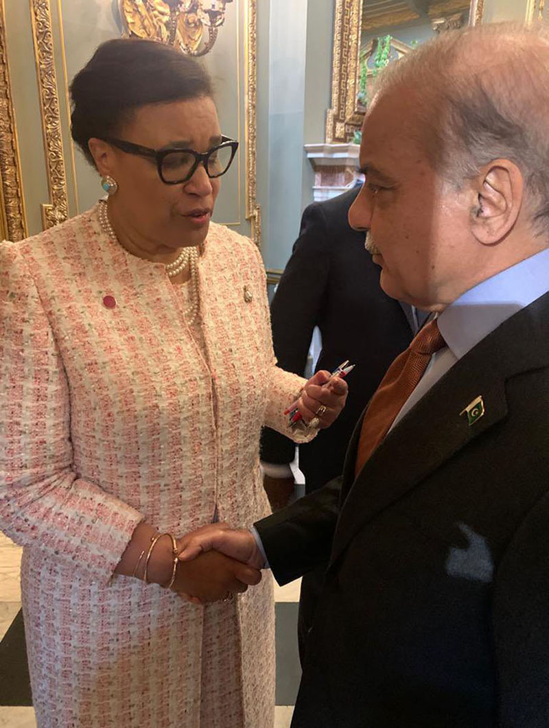 Prime Minister Muhammad Shehbaz Sharif meets Secretary General of Commonwealth, Patricia Scotland on the sidelines of a meeting of the leaders of Commonwealth Countries