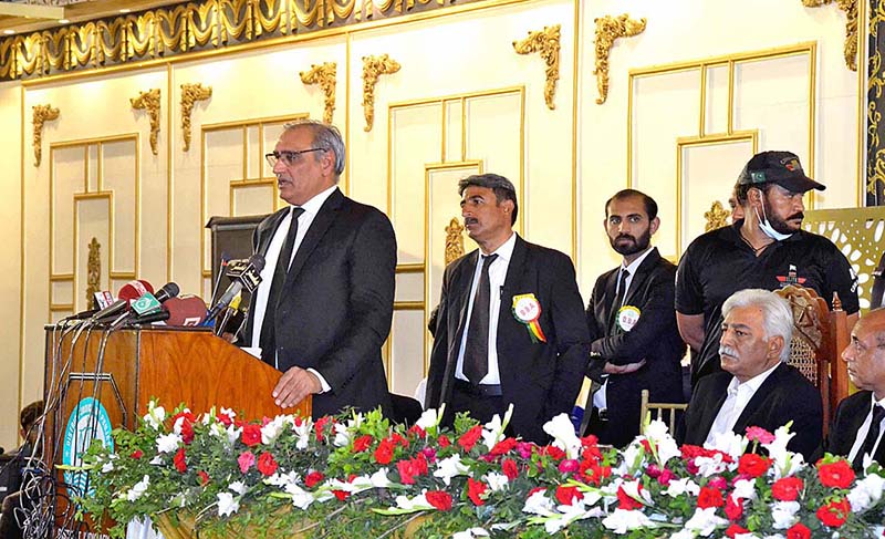 Chief Justice Lahore High Court Muhammad Ameer Bhatti addressing to lawyers at local hotel after inaguration of Judicial Complex at the cost of 1750 million consists of 167 kanal at Jhumra Road