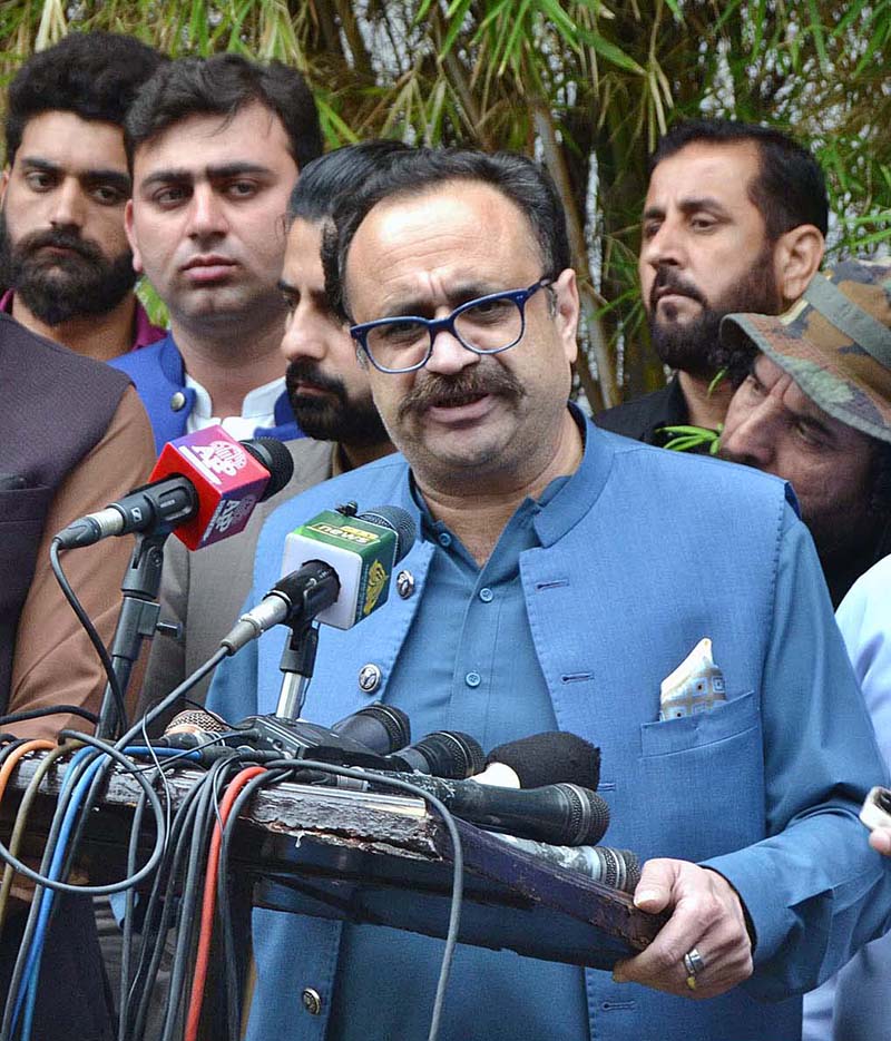 Former Prime Minister Azad Jammu and Kashmir Sardar Tanveer Ilyas Khan is addressing a press conference at Jinnah House