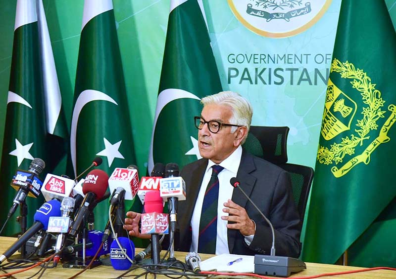 Federal Minister for Defence Khawaja Muhammad Asif addressing a press conference