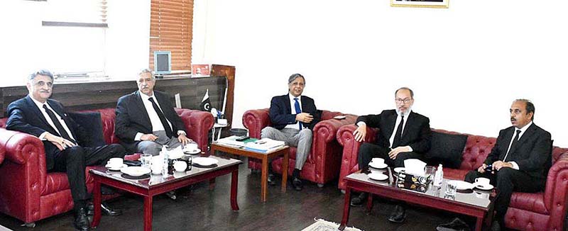 Minister for Law and Justice Senator Azam Nazir Tarar in a meeting with Chairman Executive Committee Pakistan Bar, Hassan Pasha, Member Pakistan Bar Qalb e Hassan Shah and Vice Chairman Punjab Bar Basharat Ullah Khan