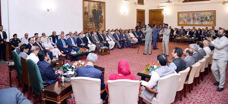 A delegation of leading businessmen and industrialists calls on Prime Minister Muhammad Shehbaz Sharif at Governor House