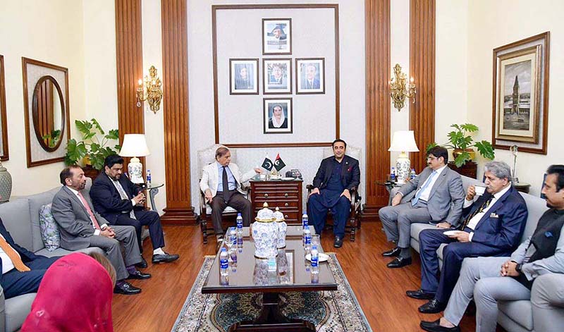 Prime Minister Muhammad Shehbaz Sharif meets Foreign Minister Bilawal Bhutto Zardari at CM House. Federal Ministers Syed Naveed Qamar, Syed Faisal Sabzwari, Marriyum Aurangzeb, Minister for State Dr. Musadiq Malik, Governor Sindh Kamran Tessori, Chief Minister Sindh Syed Murad Ali Shah and MQM's Dr. Farooq Sattar are also present in the meeting