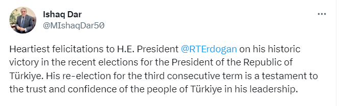Dar felicitates President Erdogan on historic victory