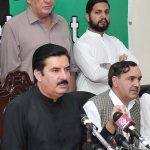 Minister of State and Information Secretary PPP Faisal Karim Kundi, acting President of PPP Khyber Pakhtunkhwa Muhammad Ali Bacha holds a press conference