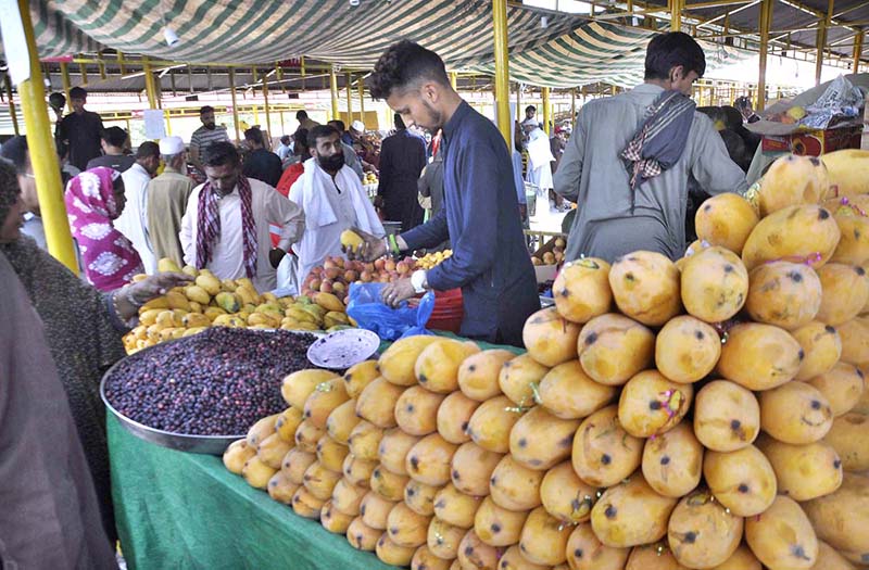 A vendor sells seasonal fruit mangoes at his stall in weekly Sunday Bazaar G-6 Sector