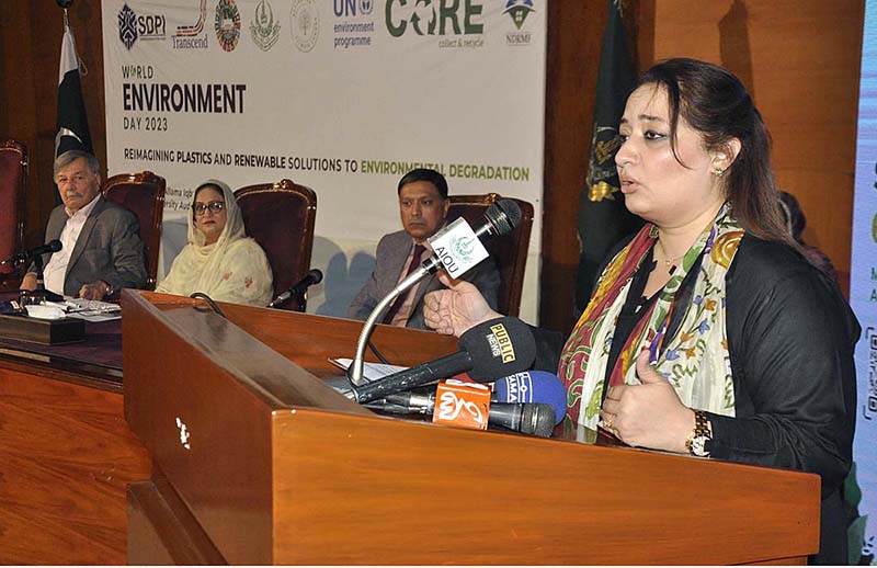 Special Assistant to Prime Minister and Convener, Parliamentary Taskforce on SDGs, Ms Romina Khurshid addressing during the High-Level Policy Dialogue on World Environment Day 2023 “Reimagining Plastics and Renewable Solutions to Environmental Degradation” at VC Secretariat Auditorium Allama Iqbal Open University