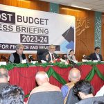 Finance Minister Senator Mohammad Ishaq Dar addresses the Post Budget press conference at Ministry of Planning