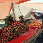 A vendor sprinkling water on the seasonal fruit lychee to keep them fresh during hot day in the Federal Capital