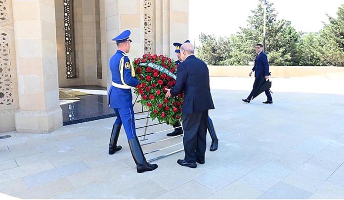 Prime Minister Muhammad Shehbaz Sharif visited Martyrs Monument in Baku Azerbaijan and laid a floral wreath