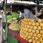 Women busy in purchasing fruits at H-9 weekly bazar.