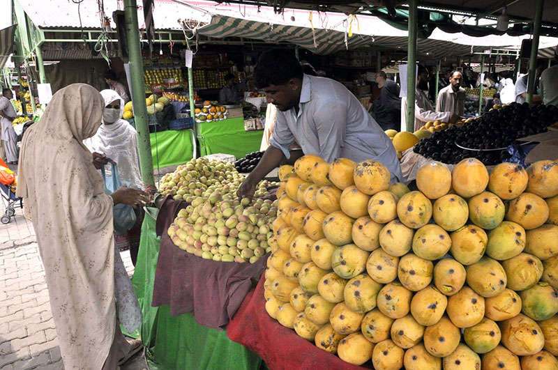 Women busy in purchasing fruits at H-9 weekly bazar.