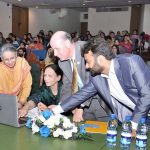 Country Representative, UNFPA, Dr. Luay Shabaneh, Member Parliament and Secretary of Women's Parliamentary Caucus Dr. Shahida Rehmani and Vice Chancellor Fatima Jinnah Women University Dr Saima Hamid launching the 2nd Naqsh Digital Film Festival (NDFF) organized by Department of Communication and Media Studies, Fatima Jinnah Women University