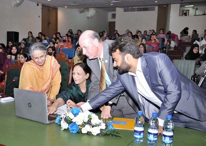 Country Representative, UNFPA, Dr. Luay Shabaneh, Member Parliament and Secretary of Women's Parliamentary Caucus Dr. Shahida Rehmani and Vice Chancellor Fatima Jinnah Women University Dr Saima Hamid launching the 2nd Naqsh Digital Film Festival (NDFF) organized by Department of Communication and Media Studies, Fatima Jinnah Women University