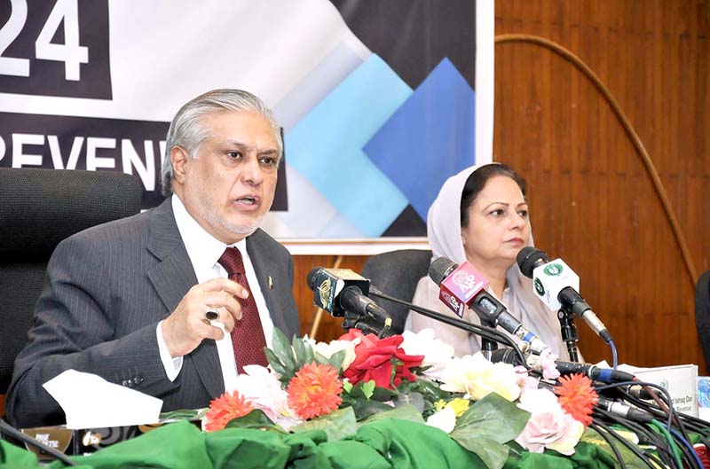 Finance Minister Senator Mohammad Ishaq Dar addresses the Post Budget press conference at Ministry of Planning