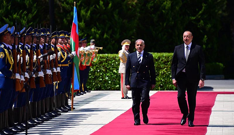 Prime Minister Muhammad Shehbaz Sharif and President of Azerbaijan inspecting guard of honor at Zugulba Palace