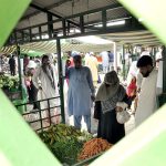 People are busy in buying fresh vegetable from a vender at vegetables section, H-9 weekly bazaar in Federal Capital Territory