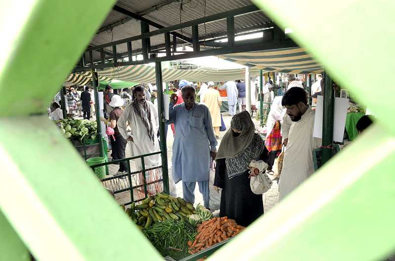 People are busy in buying fresh vegetable from a vender at vegetables section, H-9 weekly bazaar in Federal Capital Territory